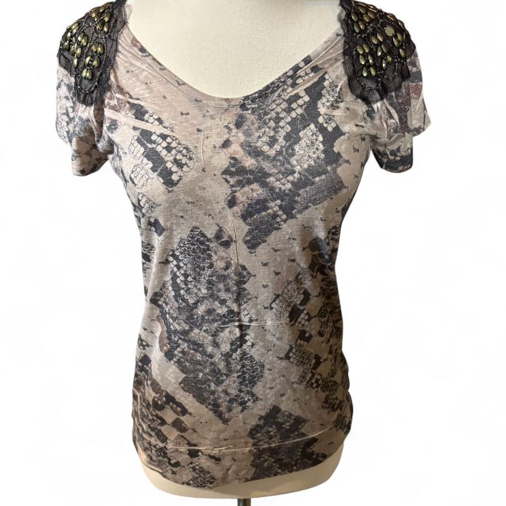 Y2k Paper Tag Daytrip Snakeskin Beaded Lace Fitted Shirt Size Small
